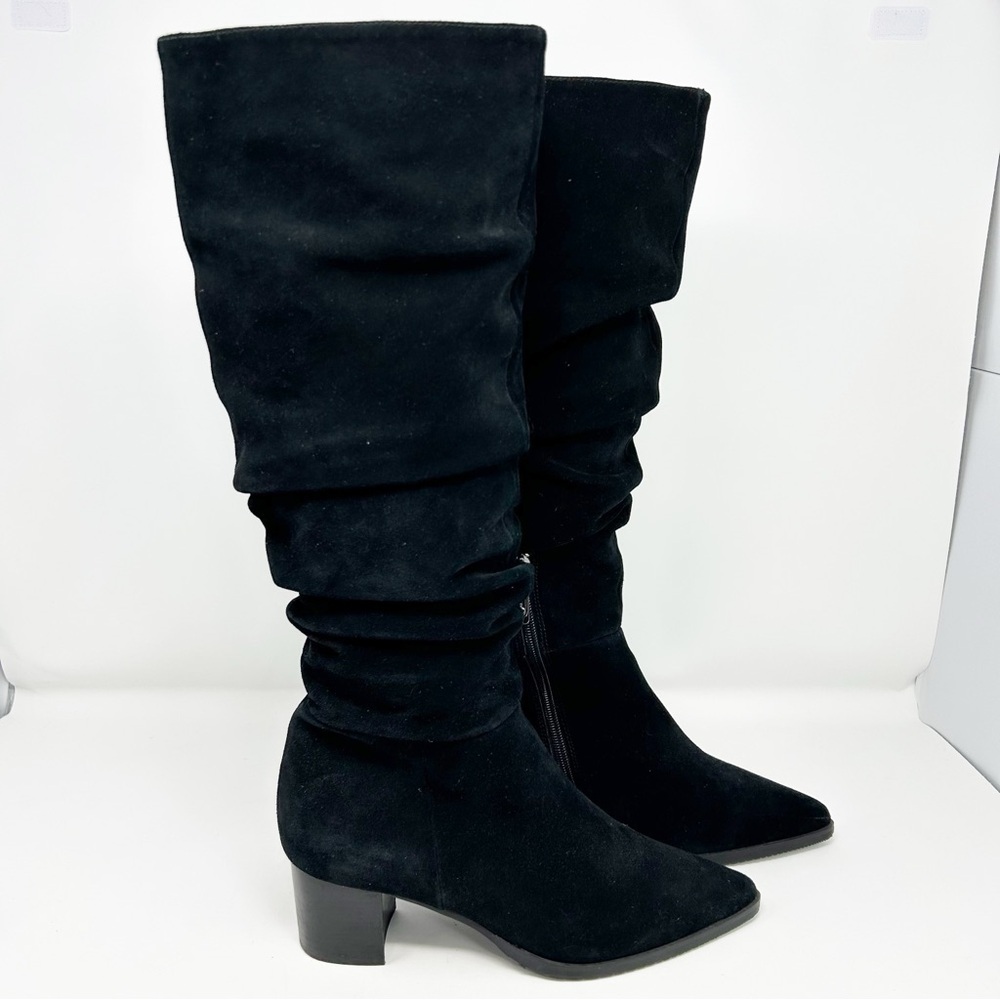 Blondo Black Ruched Leather Tall Knee High Heeled Boots Size 8.5 Pointed Toe